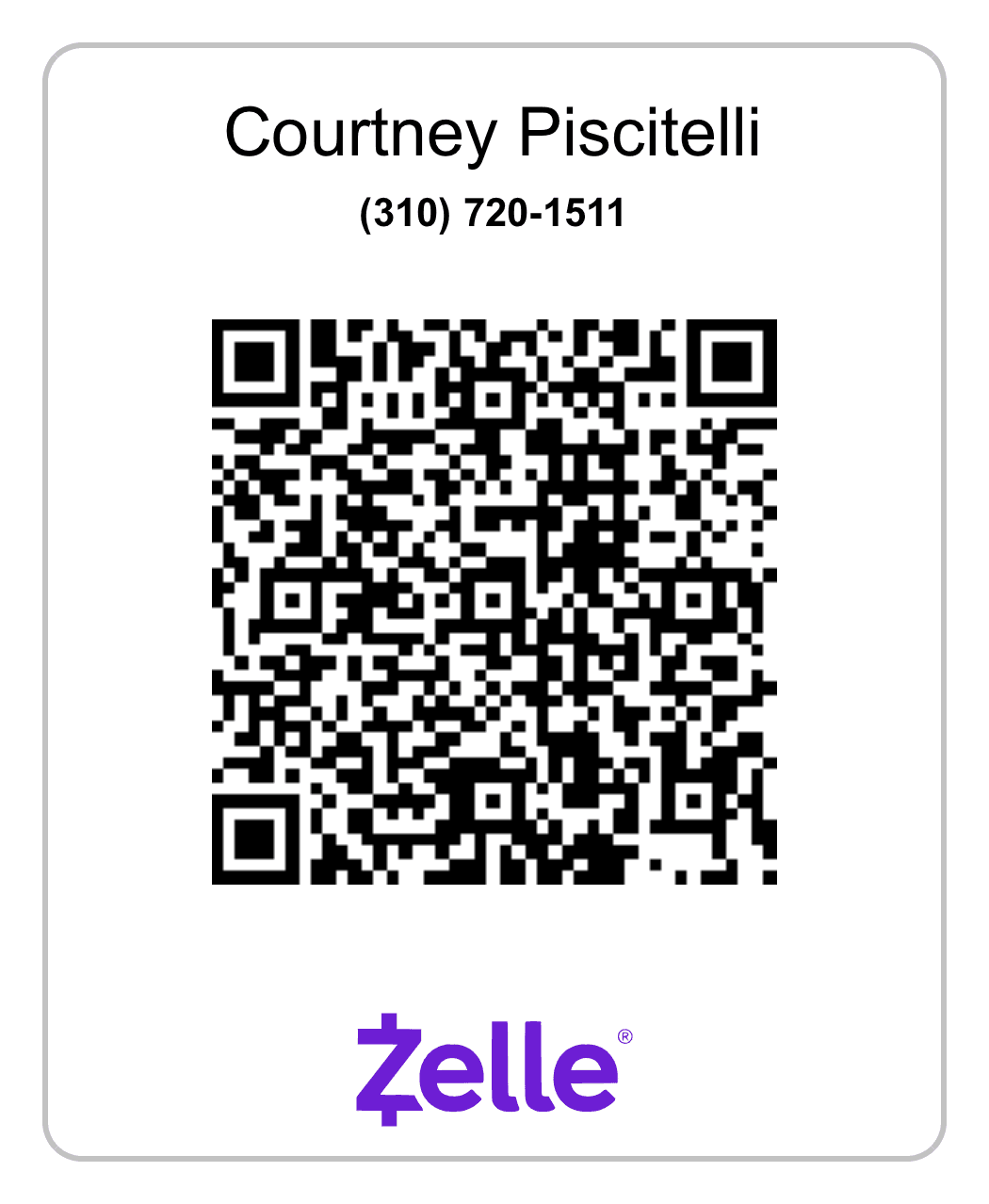 Zelle QR code for Courtney Piscitelli - scan to donate